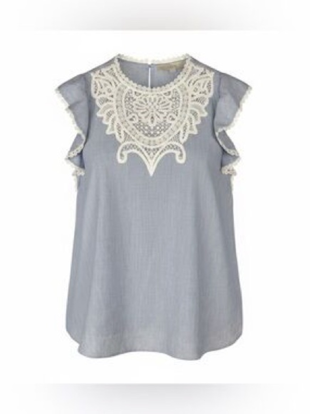 Crochet Loft Flutter Sleeve Top - Light Blue and white pin-stripe lace details L - Picture 2 of 11